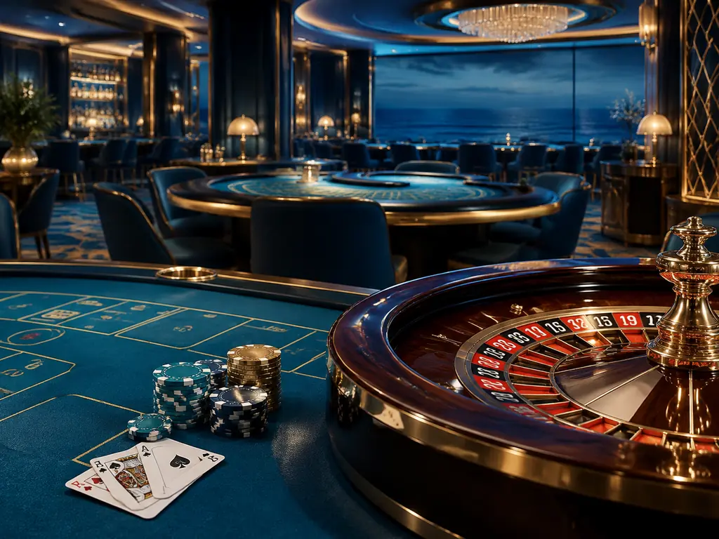 Ruang kasino konseptual dengan meja kartu dan roda roulette