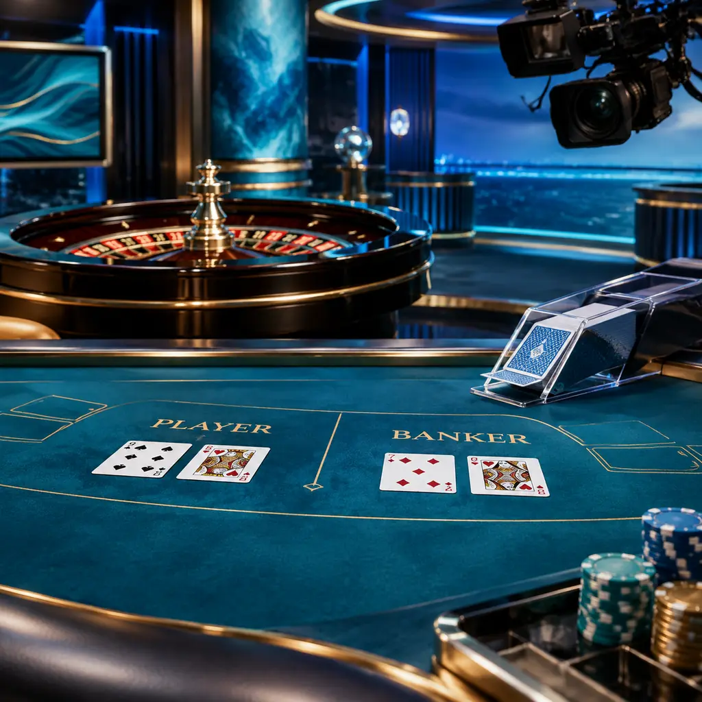 Meja baccarat dan roulette dalam studio kasino konseptual