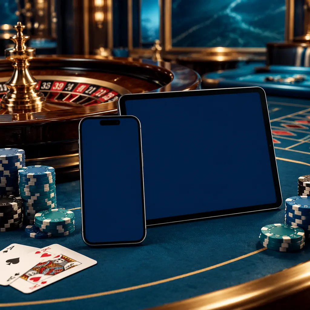 Tablet dan ponsel dengan latar meja roulette