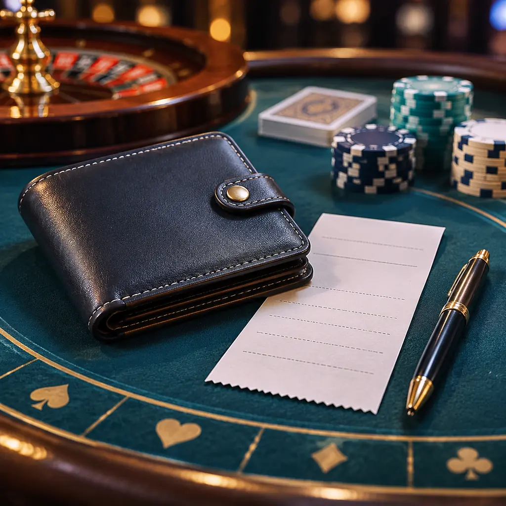 Dompet tertutup dan catatan di dekat meja kasino
