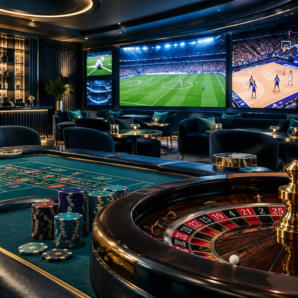 Layar sepak bola dan basket dalam ruang sportsbook kasino